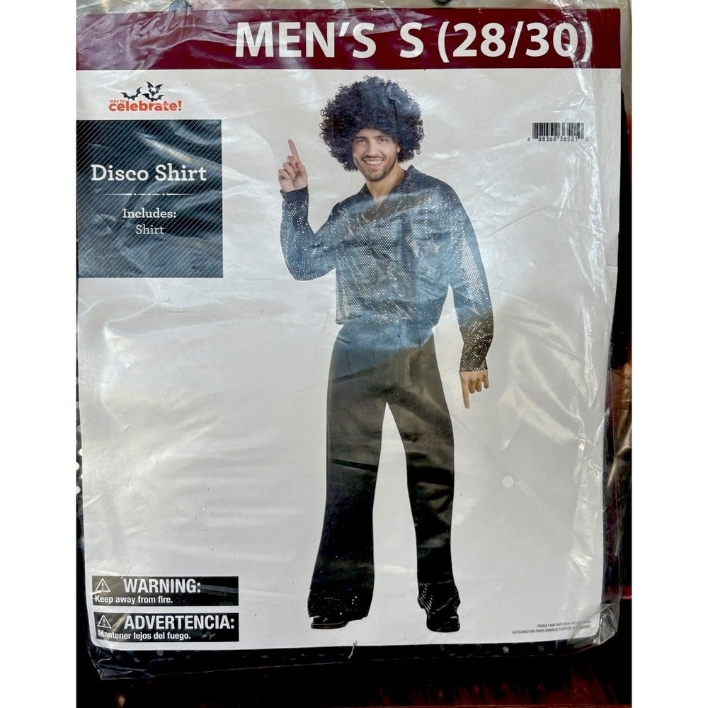 Celebrate! Men's Disco Costume Shirt Top‎ Silver Polyester Size S (28/30)